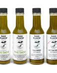 Green bundle with the taco sauce, thai green hot sauce, and hot thai green hot sauce
