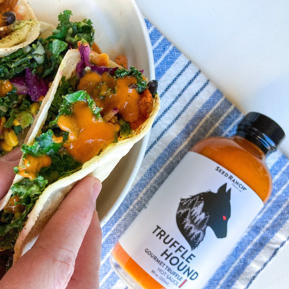 Truffle hound hot sauce on tacos