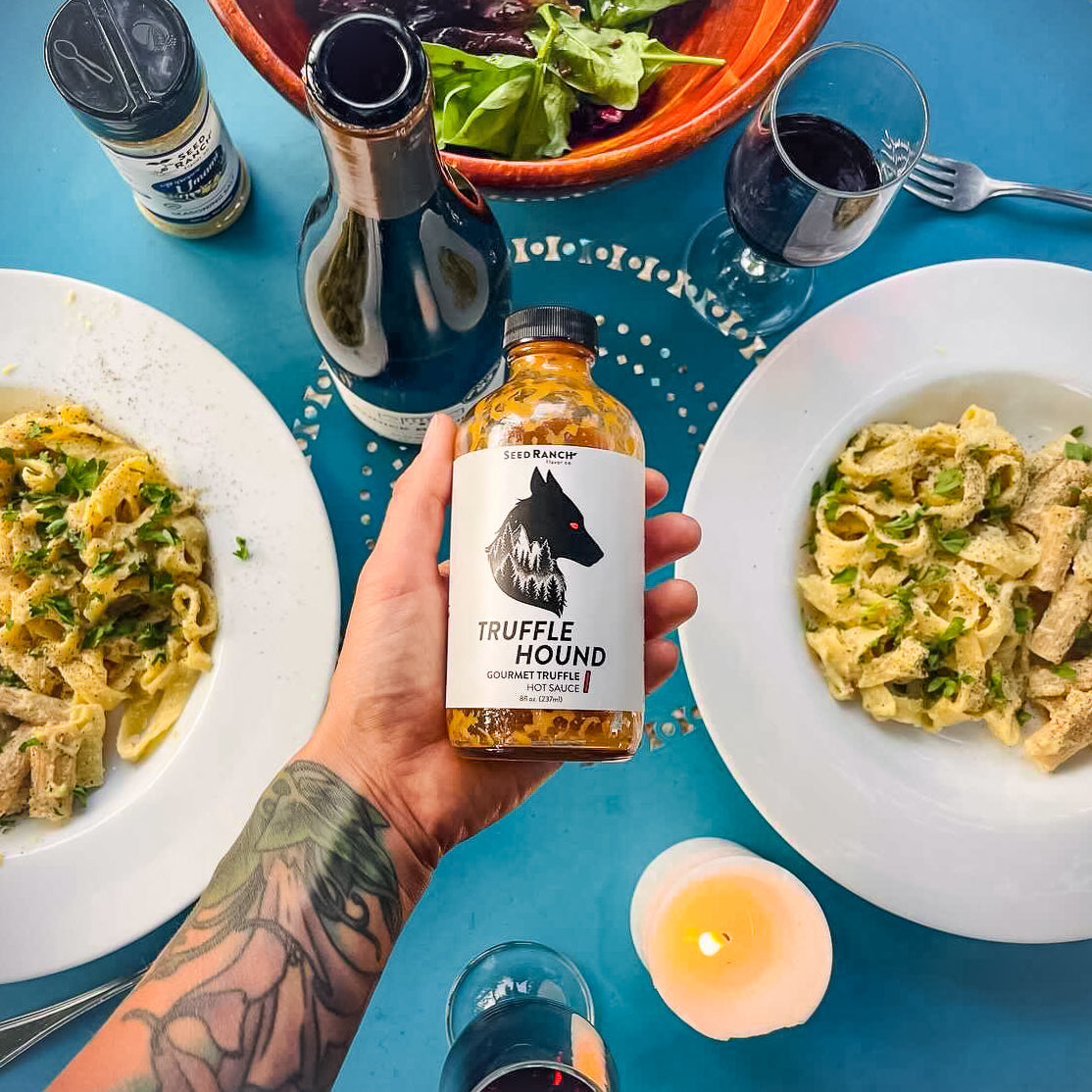 truffle hound hot sauce with pasta dinner